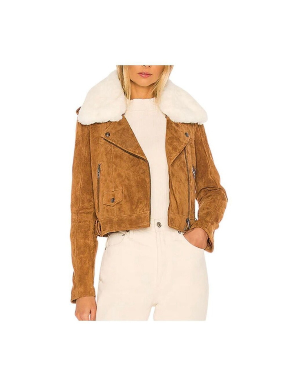 Blank NYC Alder Suede Faux Fur-Collar Moto Jacket Size S